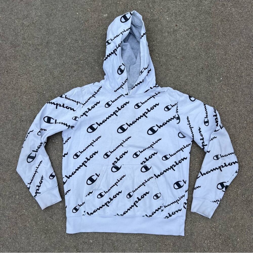 Champion White Black Logo All Over Print AOP Hoodie Sweatshirt Youth XL
